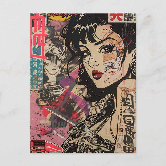 Carte postale de portrait d'anime Cyberpunk (Devant)