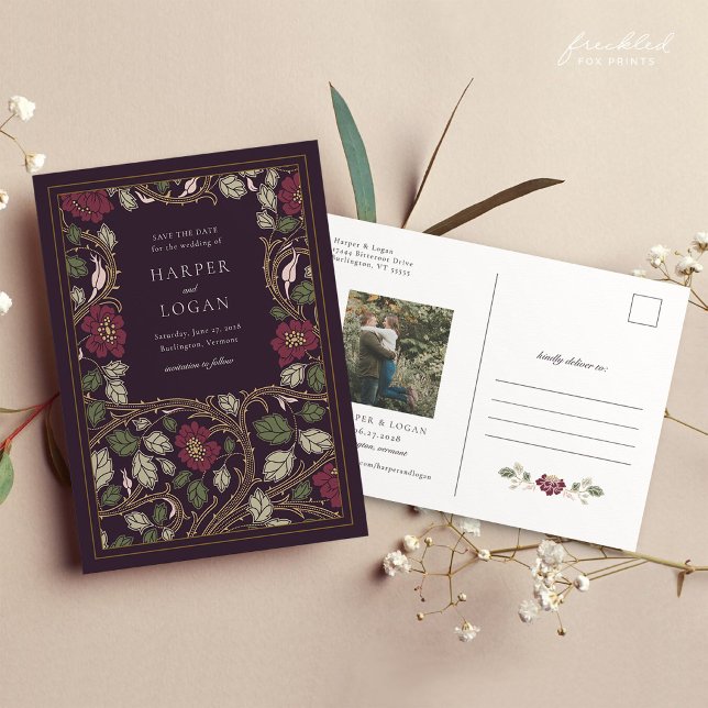 Carte postale de préavis de mariage florale or Bou (Burgundy Floral Art Nouveau Save the Date Postcard)