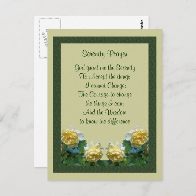 Carte postale de prière pour la sérénité des roses (Devant / Derrière)