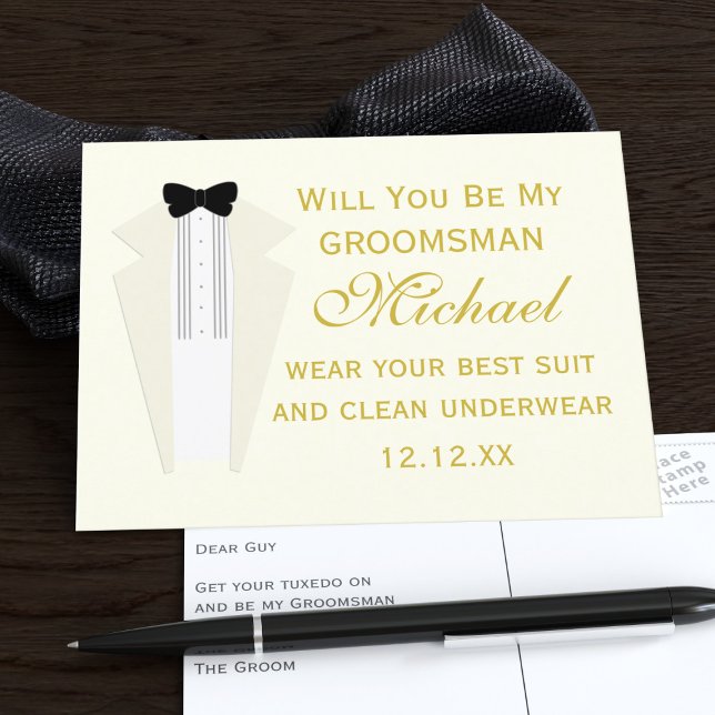 Carte postale de proposition de témoin de mariage  (Send this postcard to your Groomsman. He'll say yes (and wear clean underwear))