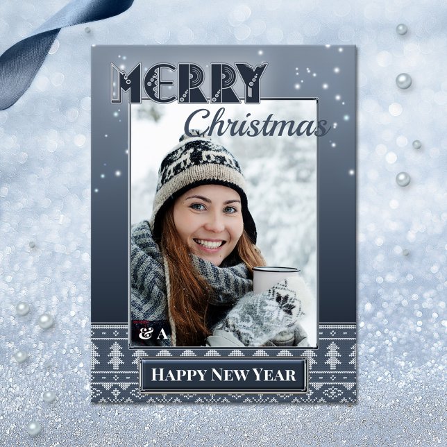 Carte postale de pull de Noël Navy Photo Vacances  (An ugly sweater photo template postcard with Merry Christmas and a Happy New Year wishes)