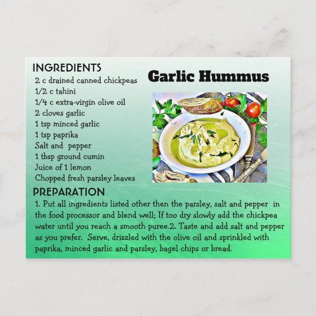 Carte postale de recette d'houmous à l'ail (Devant)