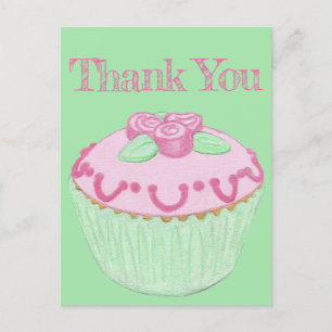 Carte postale de remerciement Cupcake rose vert