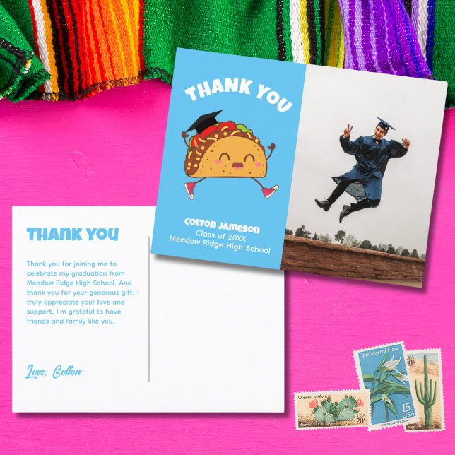 Carte postale de remerciement pour photo de remise (Fiesta Taco Graduation Photo Thank You Postcard)