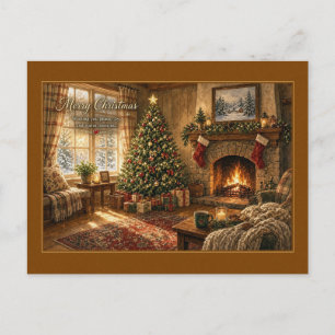 Carte postale de salon de cabane cosy avec cheminé