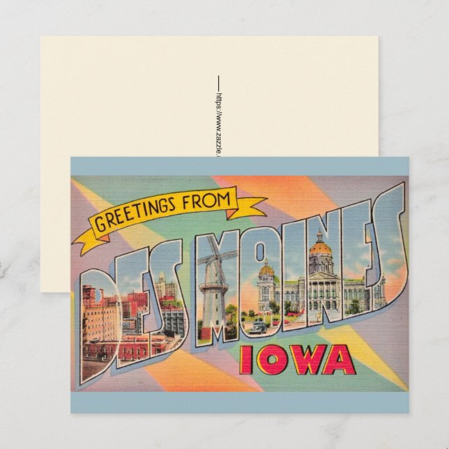 Carte postale de salutations Des Moines Iowa (Devant / Derrière)
