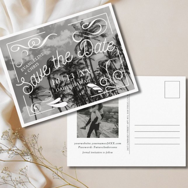Carte postale de sauvegarde de date de mariage ave (Modern Palm Tree Save the Date Postcard)