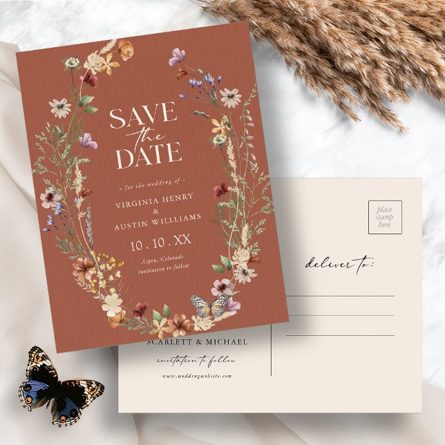 Carte postale de sauvegarde de date Terracotta Boh (Terracotta Boho Floral Save The Date Postcard by Painted Paperie
)