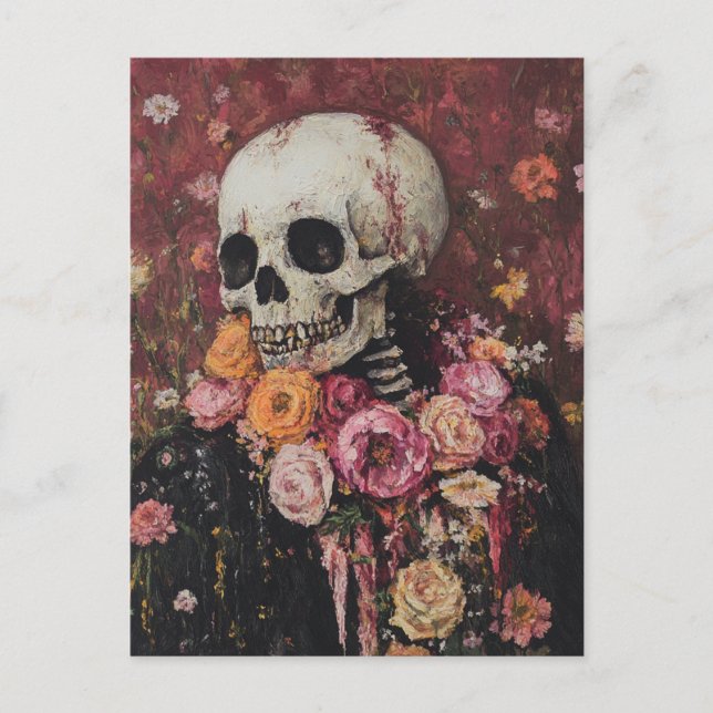 Carte postale de squelette et de fleurs roses (Devant)