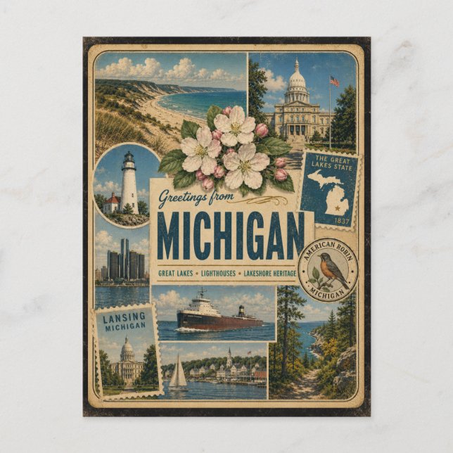 Carte postale de style vintage authentique du Mich (Devant)