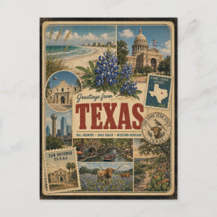 Carte postale de style vintage authentique du Texa