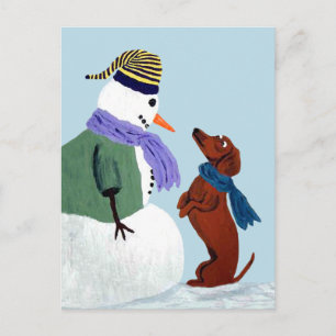 Carte postale de teckel et bonhomme de neige