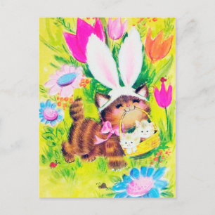 Carte postale de vacances de Pâques de chat rétro 