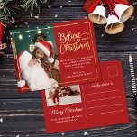 Carte Postale De Vacances En Aluminium 2 photos croient en Noël magique famille rouge<br><div class="desc">Carte postale moderne de voeux de Noël avec l'un de vos portraits de famille de Noël préférés sur la gauche complétée par un vrai cadre en feuille d'or et une formulation qui dit "Croyez en la magie de Noël" sur la droite sur un arrière - plan rouge festif, personnalisable avec...</div>
