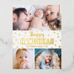 Carte Postale De Vacances En Aluminium 3 Photo Happy Hanoukka moderne Whimsical Real Gold<br><div class="desc">"Bonne Hanoukka." Fun, ludique, fantaisiste, artisanal de la vraie typographie de feuille d'or et une Star of David motif aléatoire superposent un arrière - plan blanc et propre. Ajoutez 3 photos de votre choix pour vous aider à ouvrir à Hanoukka avec cette carte postale magnifique, colorée et personnalisée en feuille...</div>