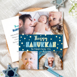 Carte Postale De Vacances En Aluminium 3 Photo Joyeux Hanukkah Amusant Type Bleu Or Réel