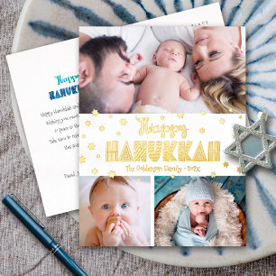 Carte Postale De Vacances En Aluminium 3 Photo Joyeux Hanukkah Moderne Fantaisiste Or Vér