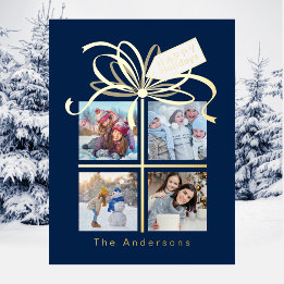 Carte Postale De Vacances En Aluminium 4 Photo Blue Christmas Holiday Card
