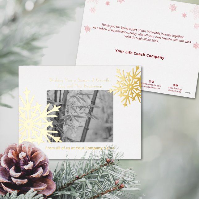 Carte Postale De Vacances En Aluminium Accents Gold Foil Snowflakes Photo Holiday Card (Gold Foil Accents Snowflakes Photo Business Holiday Card)