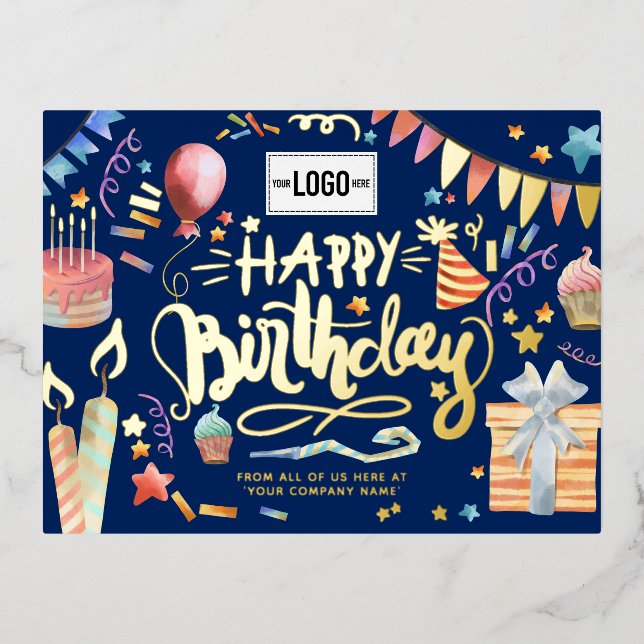 Carte Postale De Vacances En Aluminium Ajouter Logo Fun Party Navy Blue Business Annivers (Recto)