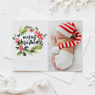Carte Postale De Vacances En Aluminium Aquarelle Holly Wreath Joyeux Noël Photo