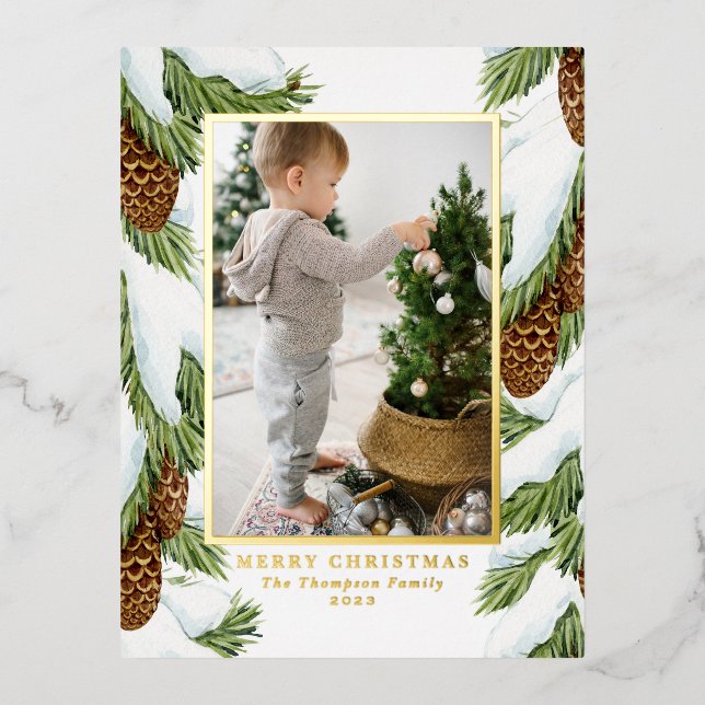 Carte Postale De Vacances En Aluminium Aquarelle Pinecones neige Photo Joyeux Noël (Recto)