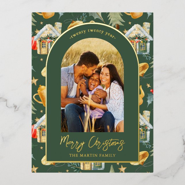 Carte Postale De Vacances En Aluminium Aquarelle Ville de Noël Photo Vert (Recto)