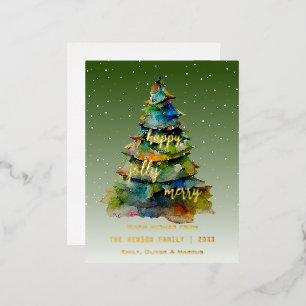 Carte Postale De Vacances En Aluminium Arbre de Noël Aquarelle Joyeux Joli Heureux
