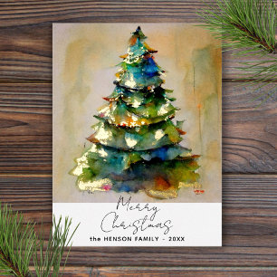 Carte Postale De Vacances En Aluminium Arbre de Noël artistique aquarelle festive doré 