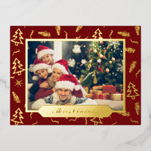 Carte Postale De Vacances En Aluminium Arbre de Noël Motif Rouge Photo Gold