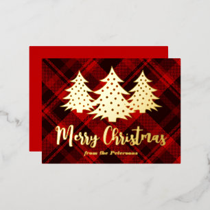 Carte Postale De Vacances En Aluminium Arbre de Noël Rouge Joyeux Plaid Rustique Or