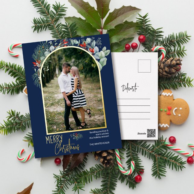 Carte Postale De Vacances En Aluminium Arch Greenery Joyeux Noël Photo Marine Bleu (You will love these beautiful Christmas cards! They feature botanical watercolor pine and berries.)