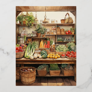 Carte Postale De Vacances En Aluminium Arrière - plan de magasin de légumes aquarelle