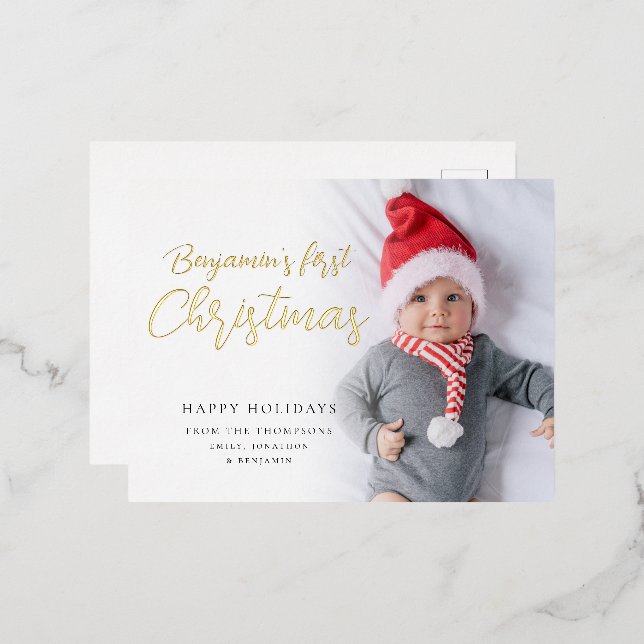 Carte Postale De Vacances En Aluminium Baby First Christmas Calligraphy Photo Luxe Real (Recto/Verso)