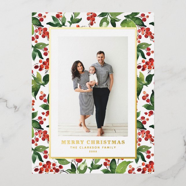 Carte Postale De Vacances En Aluminium Baies d'aquarelle et verdure Photo de Noël (Recto)