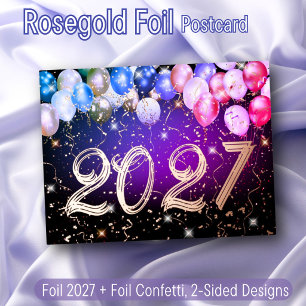 Carte Postale De Vacances En Aluminium Balloons Confetti 2027 Bonne Année Rose Gold