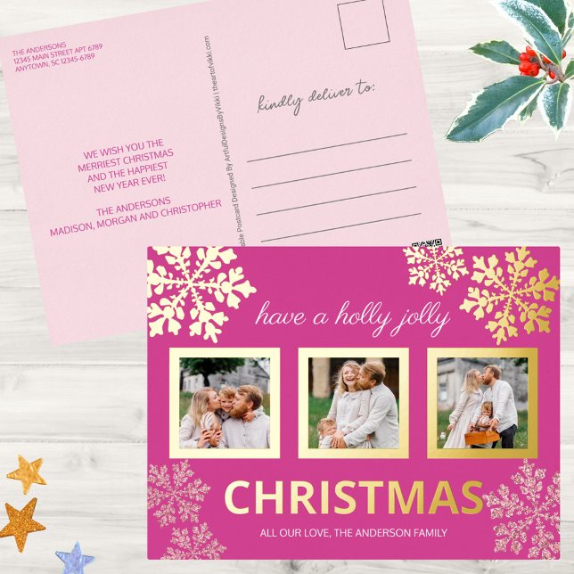 Carte Postale De Vacances En Aluminium Berry Bling 3 Photo Christmas Gold (So easy to customize, these 3 photo Christmas postcards in berry pink have real gold foil accents)