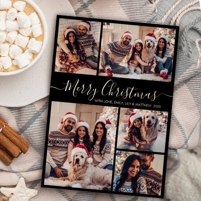 Carte Postale De Vacances En Aluminium Black Gold moderne 5 photo Collage Noël (Créateur téléchargé)
