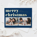 Carte Postale De Vacances En Aluminium Bleu Retro Typographie Joyeux Noël Deux photos<br><div class="desc">Joyeux Noël! Envoyez vos voeux de Noël à votre famille et à vos amis avec cette carte postale de Noël personnalisable. Il présente une typographie rétro et audacieuse. Personnalisez en ajoutant vos détails. Cette carte postale de Noël en feuille d'or est disponible sur d'autres cartes. Des éléments correspondants sont disponibles....</div>