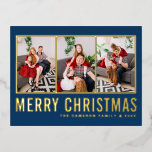 Carte Postale De Vacances En Aluminium Blue Modern Typographie Photo Collage Noël<br><div class="desc">Joyeux Noël! Envoyez des voeux chaleureux à votre famille et à vos amis avec cette carte postale personnalisable de Noël. Il dispose d'une typographie simple et moderne. Personnalisez en ajoutant trois photos, noms, année et autres détails. Cette carte postale de Noël en feuille d'or est disponible en d'autres couleurs et...</div>