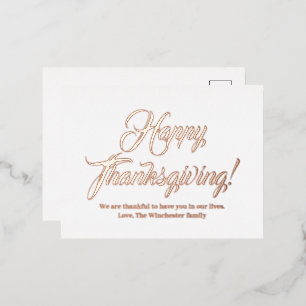 Carte Postale De Vacances En Aluminium Bon thanksgiving rose or coutume script élégant