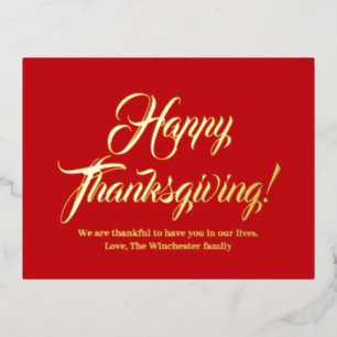 Carte Postale De Vacances En Aluminium Bon thanksgiving rouge script personnalisé élégant