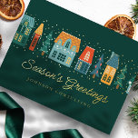 Carte Postale De Vacances En Aluminium Bonnes Fêtes Village moderne de neige d'hiver<br><div class="desc">Votre logo d'entreprise peut être ajouté à l'arrière. Modifiez le message de vacances,  le nom commercial ou le nom de l'entreprise. Disponible ici : http://www.zazzle.com/selectpartysupplies</div>