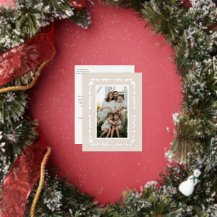 Carte Postale De Vacances En Aluminium Bordure de houx et pin beige Photo Fêtes de Noël