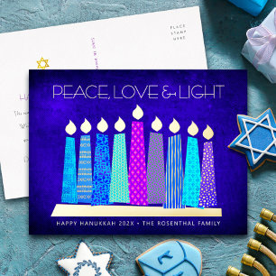 Carte Postale De Vacances En Aluminium Bougies de Hanukkah Paix Amour Lumière Bleu Or Rée