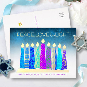 Carte Postale De Vacances En Aluminium Bougies de Hanukkah Paix Amour Turquoise Or Vérita