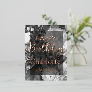 Carte Postale De Vacances En Aluminium Bouquet floral Joyeux anniversaire noir et blanc