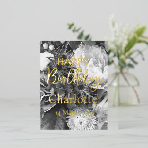 Carte Postale De Vacances En Aluminium Bouquet floral Joyeux anniversaire noir et blanc
