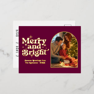 Carte Postale De Vacances En Aluminium Bourgogne et Or Joyeux et Lumineux Noël Rétro