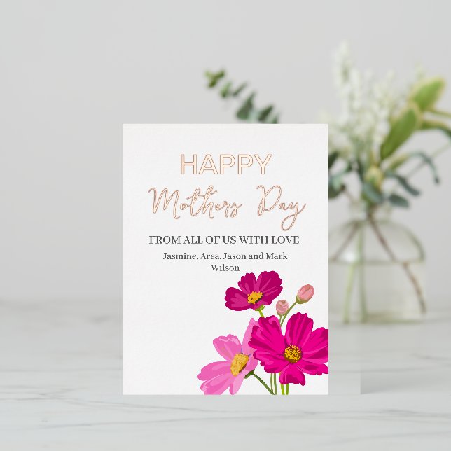 Carte Postale De Vacances En Aluminium Bright Cosmos Flowers Happy Mothers Day Gold (Debout devant)